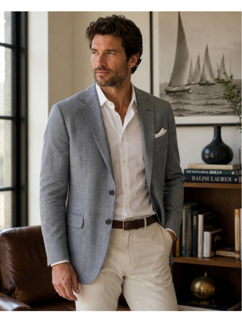 Joe Joseph Abboud Light Gray Windowpane Wool Sport Coat Blazer 42R Made In India